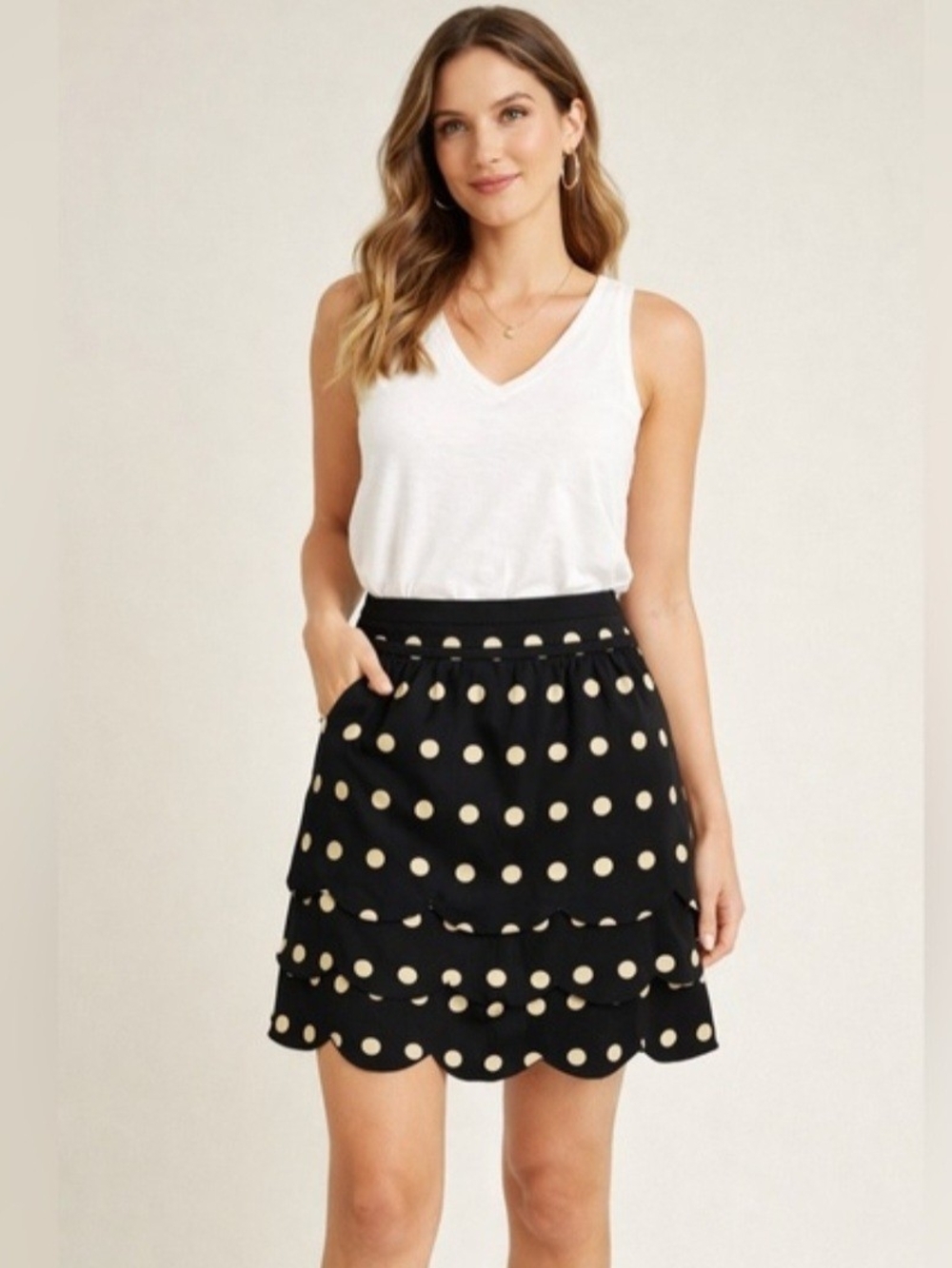 Anthropologie Black Mini Skirt with Cream Polka Dots